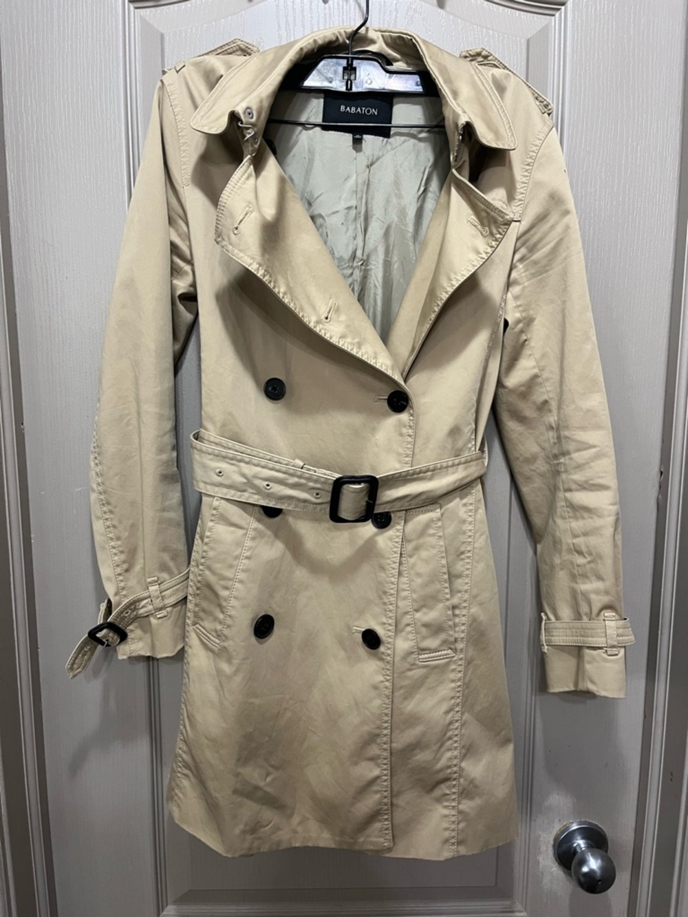 Babaton Tan Double-Breasted Trench Coat with Belt